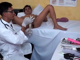 Gilbert and Argie, two medical fetish enthusiasts, invite Asian twinks to their clinic for a steamy exam. With lubricant and a probe, they explore and pleasure the boys' tight holes.