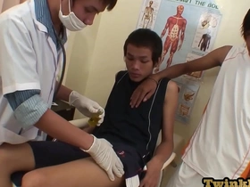 Asia's hottest twink gets saddled by two doctors in a steamy threeway. After an intense blowjob, he gets his ass filled and covered in jizz.