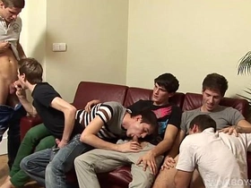 Young, gay men gather for a wild bareback gangbang. They suck, fuck, and cum together, creating a steamy, uninhibited sex orgy with non-stop action and eager dicks.