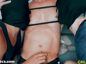 Lucky Asian dude flaunts his chiseled abs and big pecs, indulging in tantalizing nipple play from two eager admirers. This steamy muscle worship session will leave you breathless.