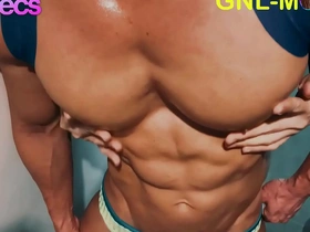 Handsome Asian athletica guy showcases his chiseled abs and big pecs, as his partner teases his nipples, leading to a sensual worship session of licking and edging.