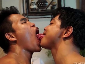 Asians Jacob and Vahn get down and dirty in a steamy bareback session. They suck, fuck, and cum with passion, showcasing their Asian twink muscles and muscular assets.