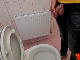 Uncircumcised cock pees on the station toilet