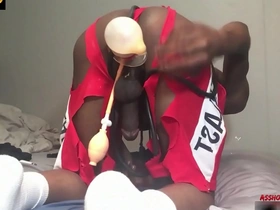 Using huge dildo to up his destroyed hole - the ass bouquet of buttplug with the inflatable pumps, moaning with a prolapsed black eye - ass monkey - theamofficial